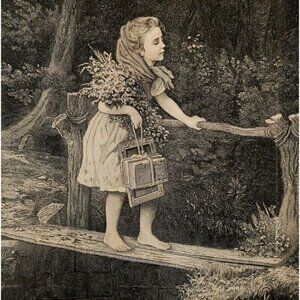 1881 Engraving Lovely School Girl On Bridge Half Afraid Victorian Bremen DWQQ18